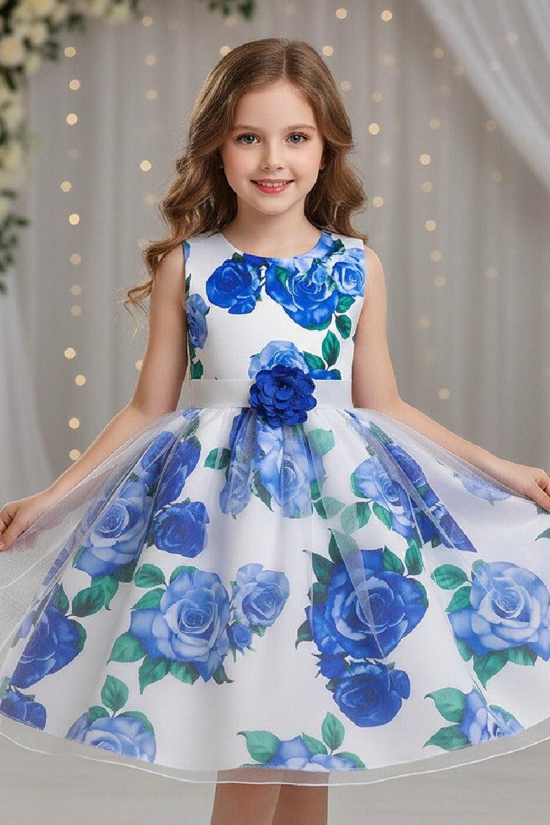 Princess Sleeveless Round Neck Floral Print Knee Length Stain Flower Girl Dresses 1029258726192 - 7 Days / Blue / 6Y - COCOMELODY